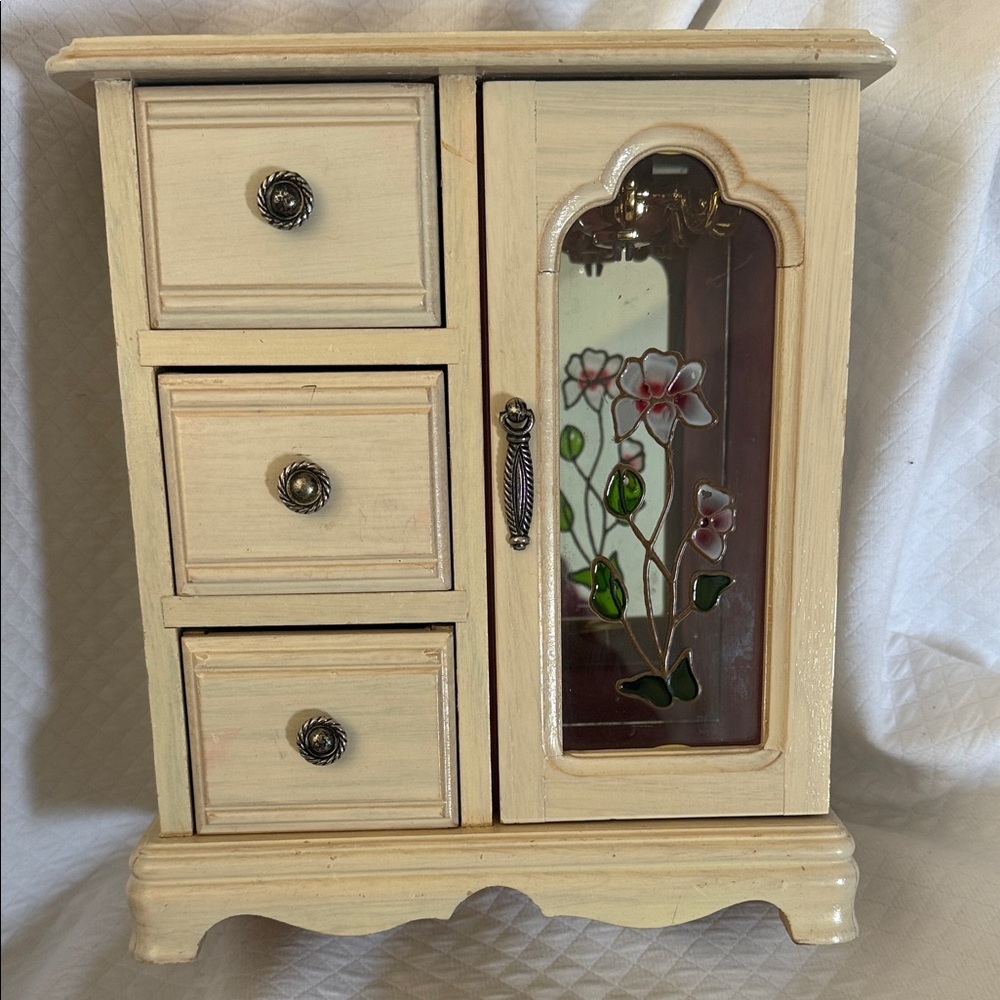 Vintage Cream Jewelry Organizer with Floral Glass Door 9.75x8.5x5 in